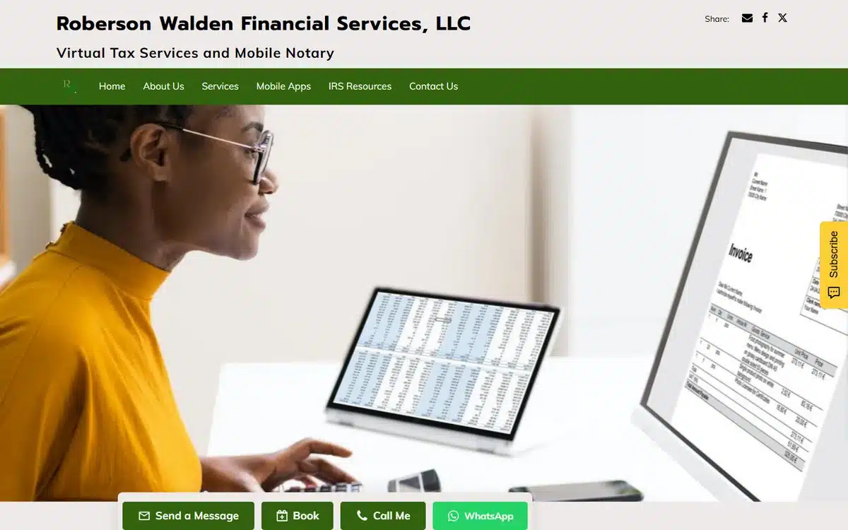 Roberson Walden Financial Services accounting website with a crisp green nav over a professional advisor-at-screens photo