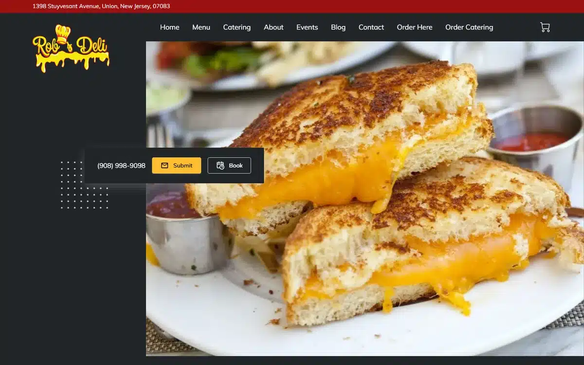 Rob's Deli website with oozy grilled cheese stack hero and bold red-black brand bar
