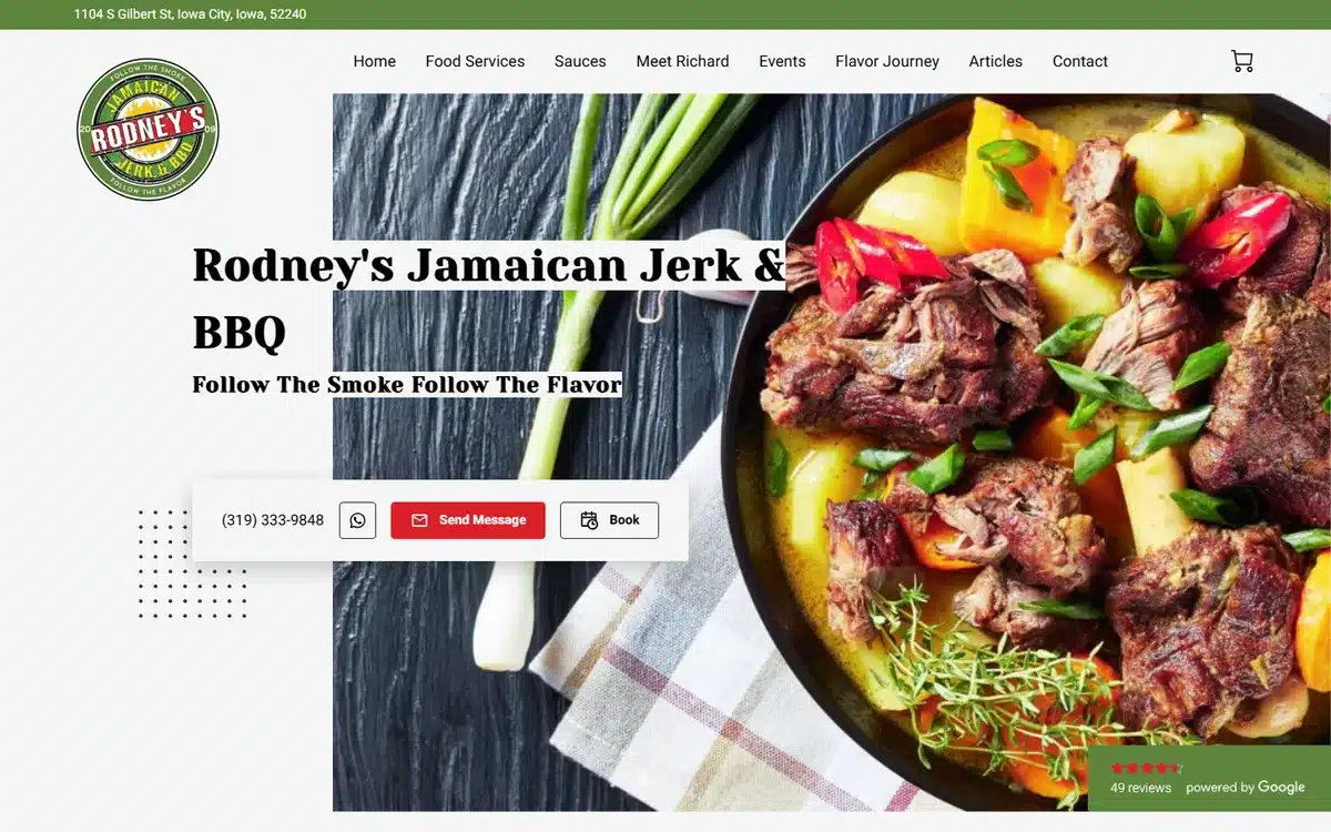 Rodney's Jamaican Jerk BBQ website with vibrant overhead jerk skillet