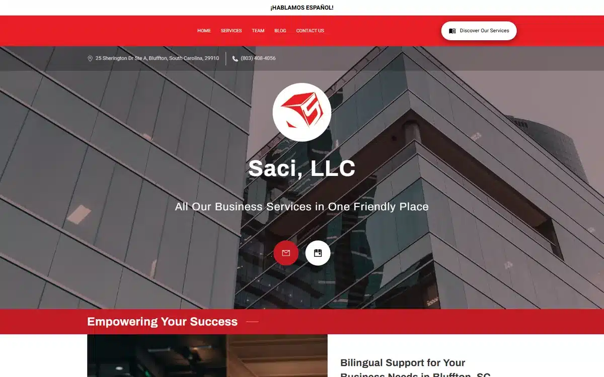 Saci LLC accounting website with a bold red-glass-building hero a circular SACI logo and an EN ES toggle