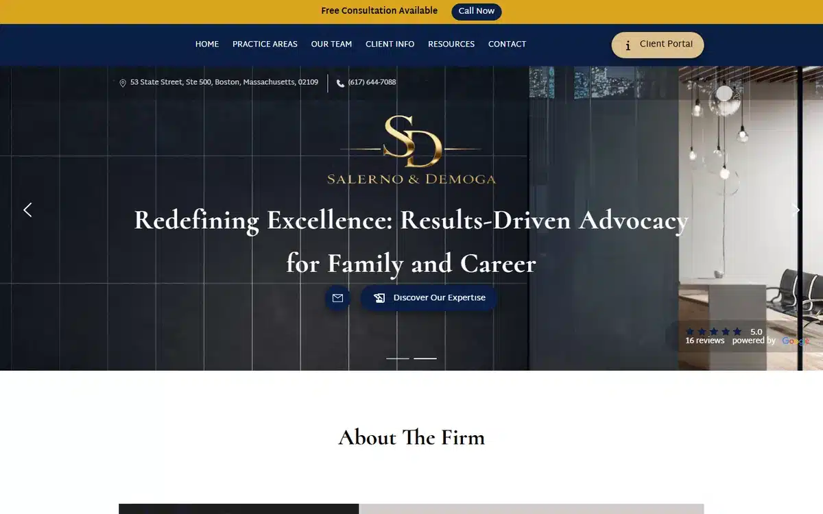The Salerno Firm website with navy and gold luxury monogram and clear value proposition