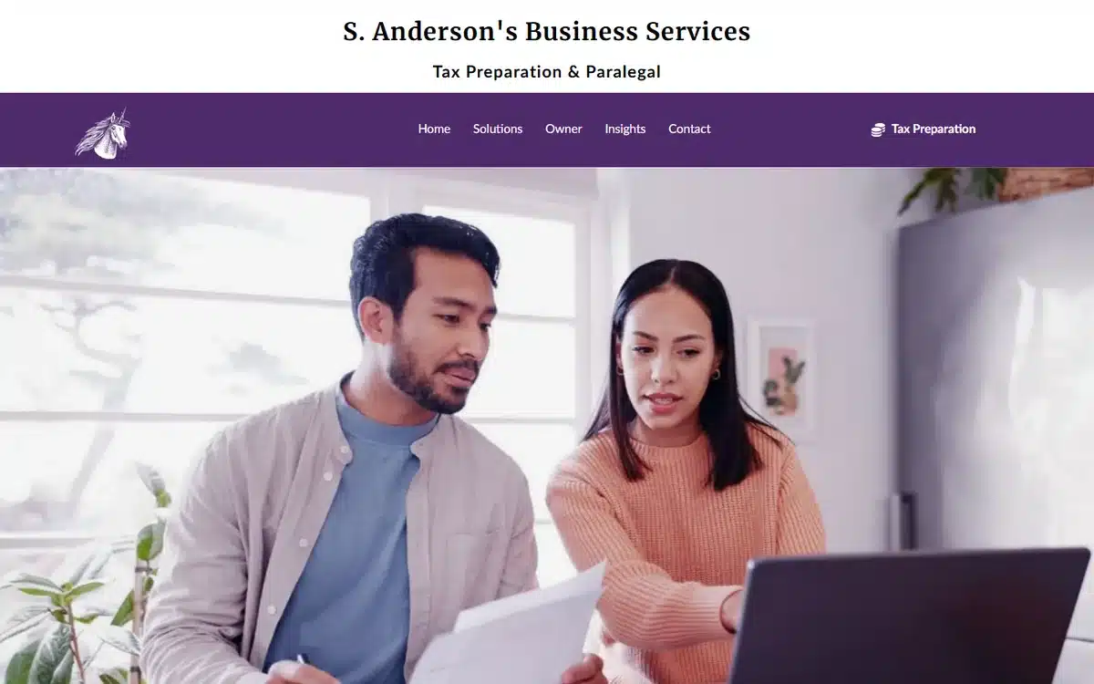 S Andersons Business Services accounting website with a purple-lavender palette a unicorn icon logo and a couple-with-laptop hero