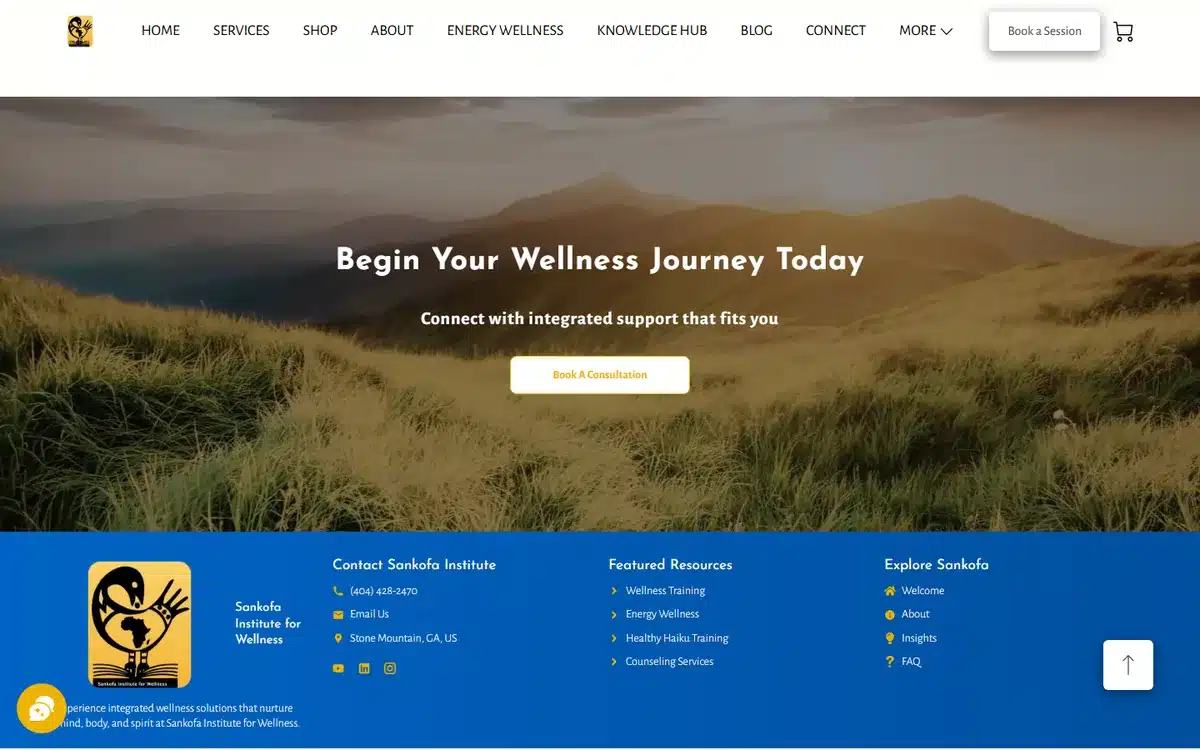 Sankofa Institute for Wellness website with expansive dune landscape and integrated-care positioning