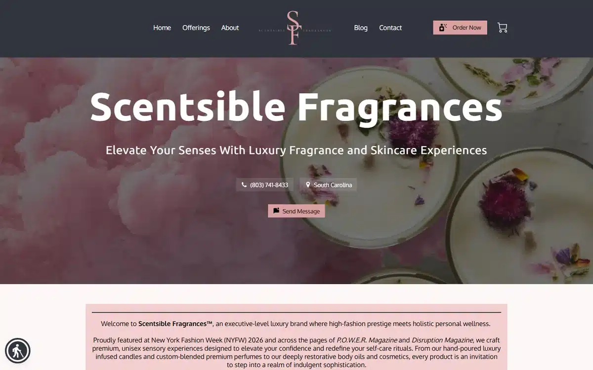 Scentsible Fragrances website with a soft pink petal luxury hero and SF monogram