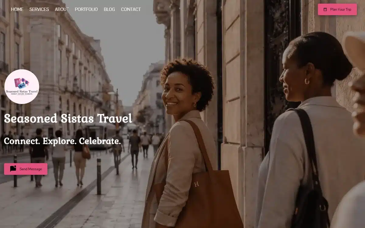 Seasoned Sistas Travel agency website with a warm street-photography hero