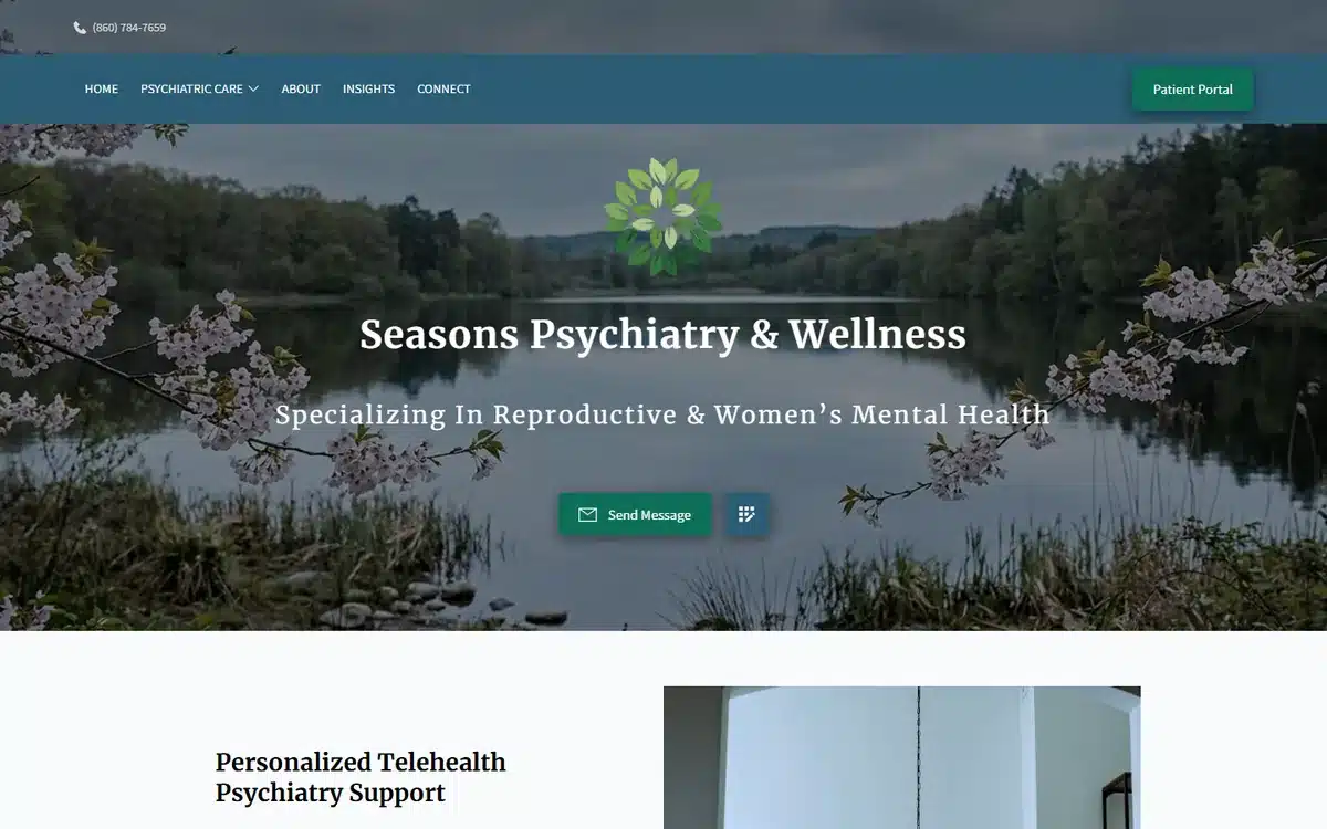 Seasons Reproductive Psychiatry website with cherry-blossom lakeside imagery and women's mental health niche