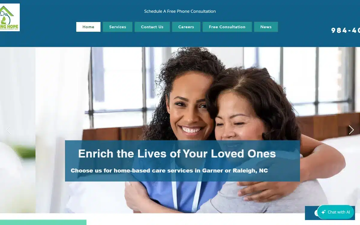 Seeding Hope Home Healthcare website with joyful caregiver-patient hug and NC geo-focus