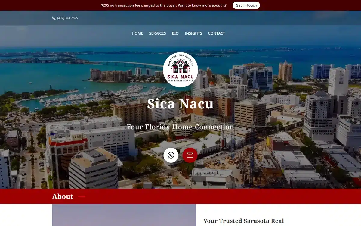 Sica Nacu real estate website with aerial Sarasota cityscape and realtor crest