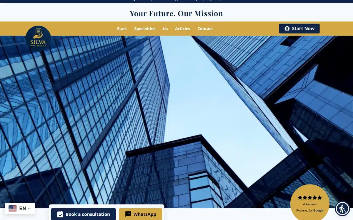 Silva Pro Services online accounting website with a gold-and-navy looking-up skyscraper hero and the headline Your Future Our Mission