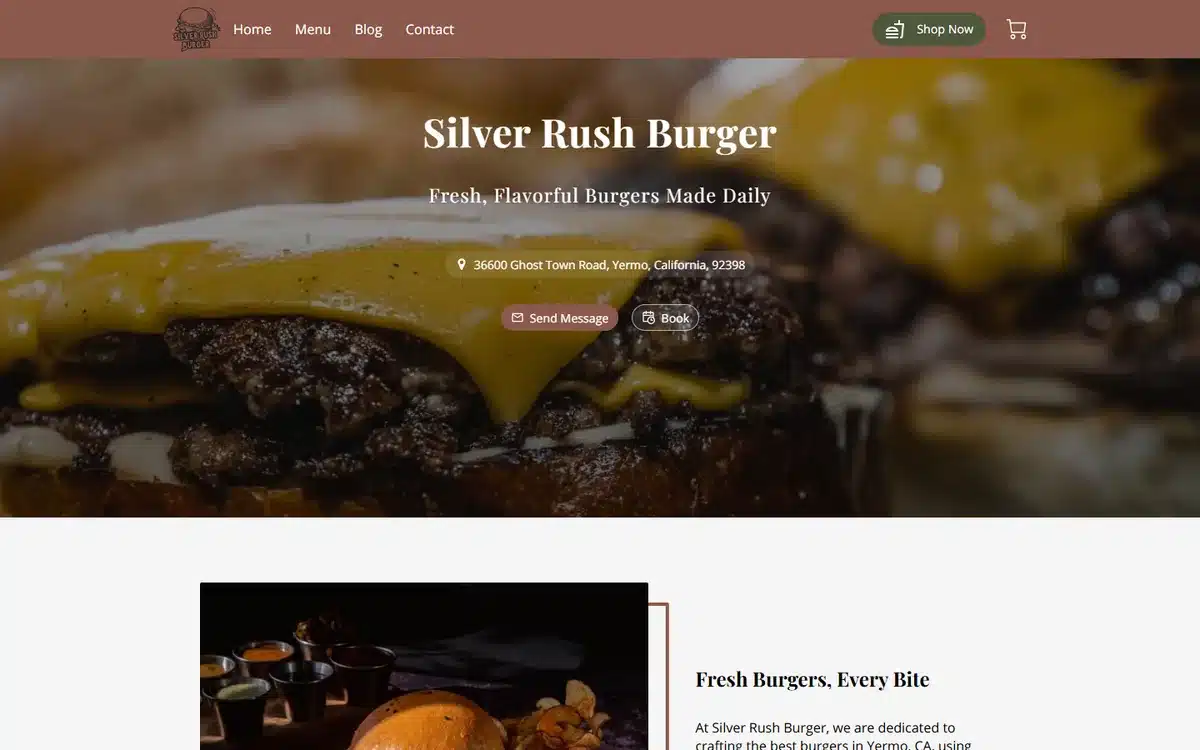 Silver Rush Burger website with melted-cheese burger close-up and warm brown branding
