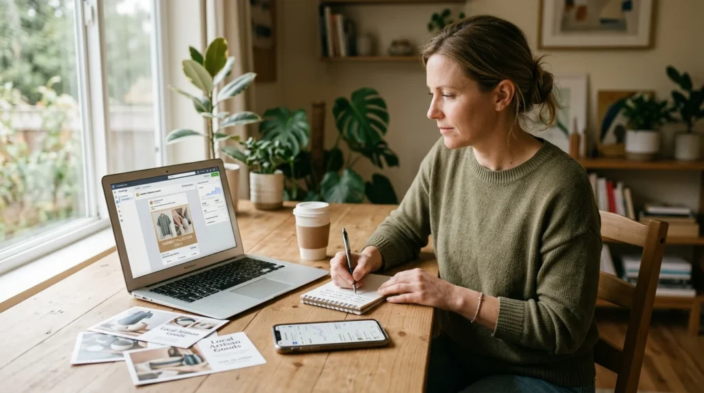 Small business owner planning a multi-channel advertising campaign at a home office desk with laptop, postcards, and smartphone