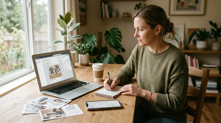 Small business owner planning a multi-channel advertising campaign at a home office desk with laptop, postcards, and smartphone