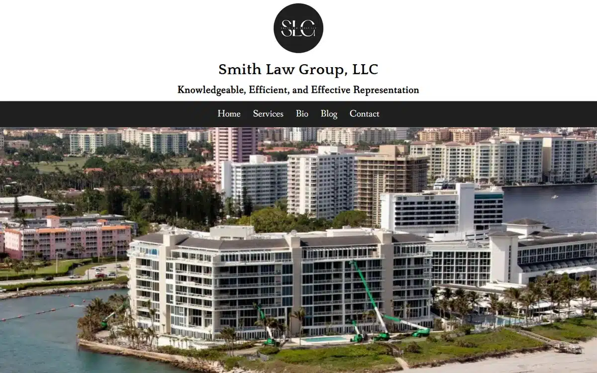 Smith Law Group website with coastal aerial hero and sophisticated SLG monogram