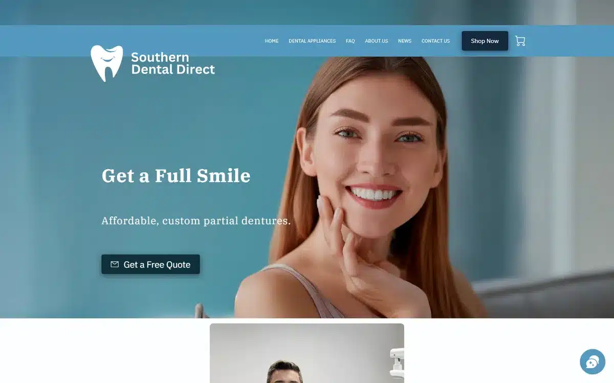 Southern Dental Direct website with full-smile focus and partial-dentures affordability positioning