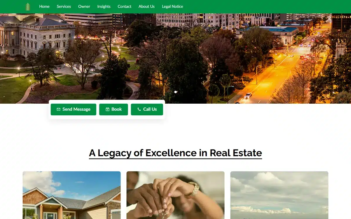 Southern Luxury Lifestyle real estate website with a twilight Southern capitol skyline panorama and refined green palette
