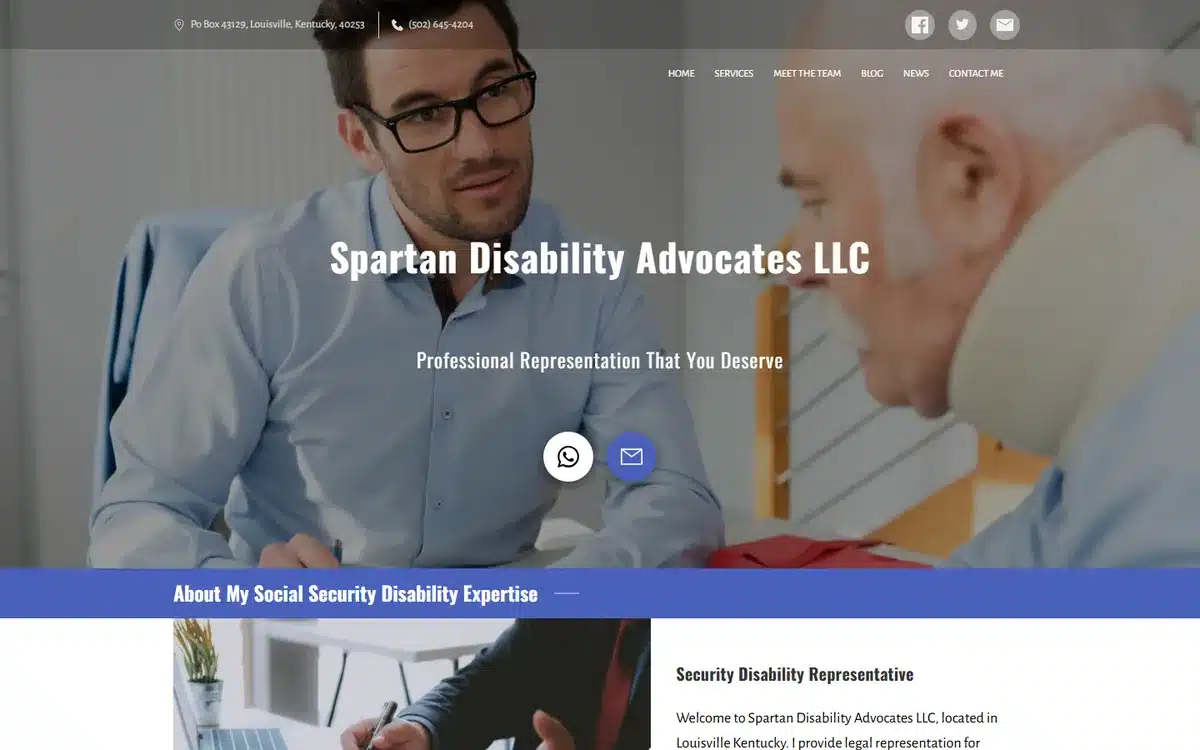 Spartan Disability Advocates website with empathetic client consultation hero photo