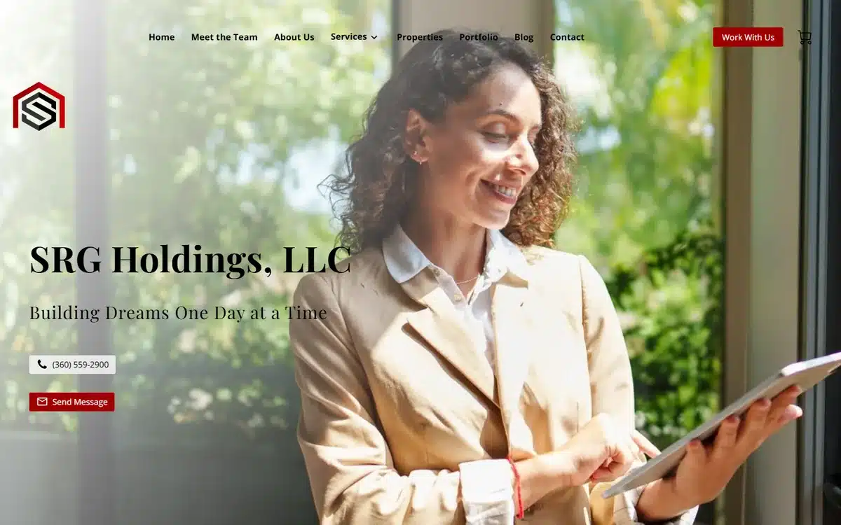 SRG Holdings real estate website with polished founder portrait and soft bokeh background