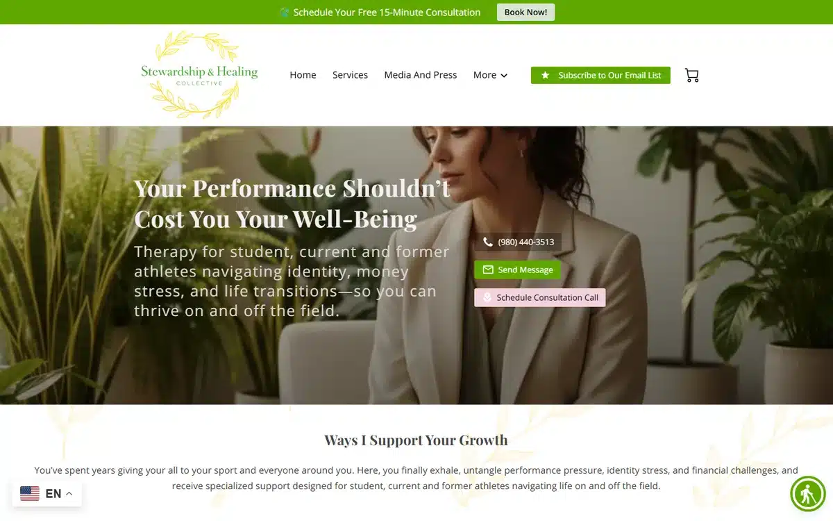 Stewardship Healing Collective website with student-athlete therapy specialty positioning