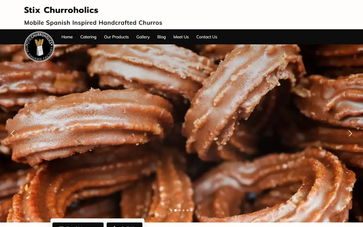 Stix Churroholics website with macro churro photography and minimal modern layout