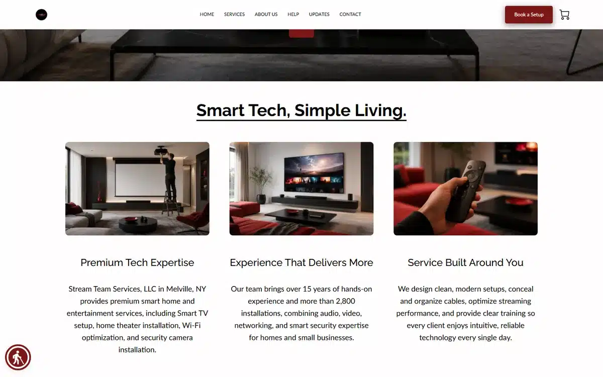 Stream Team Services smart-home website with a home-theater hero and value-prop cards