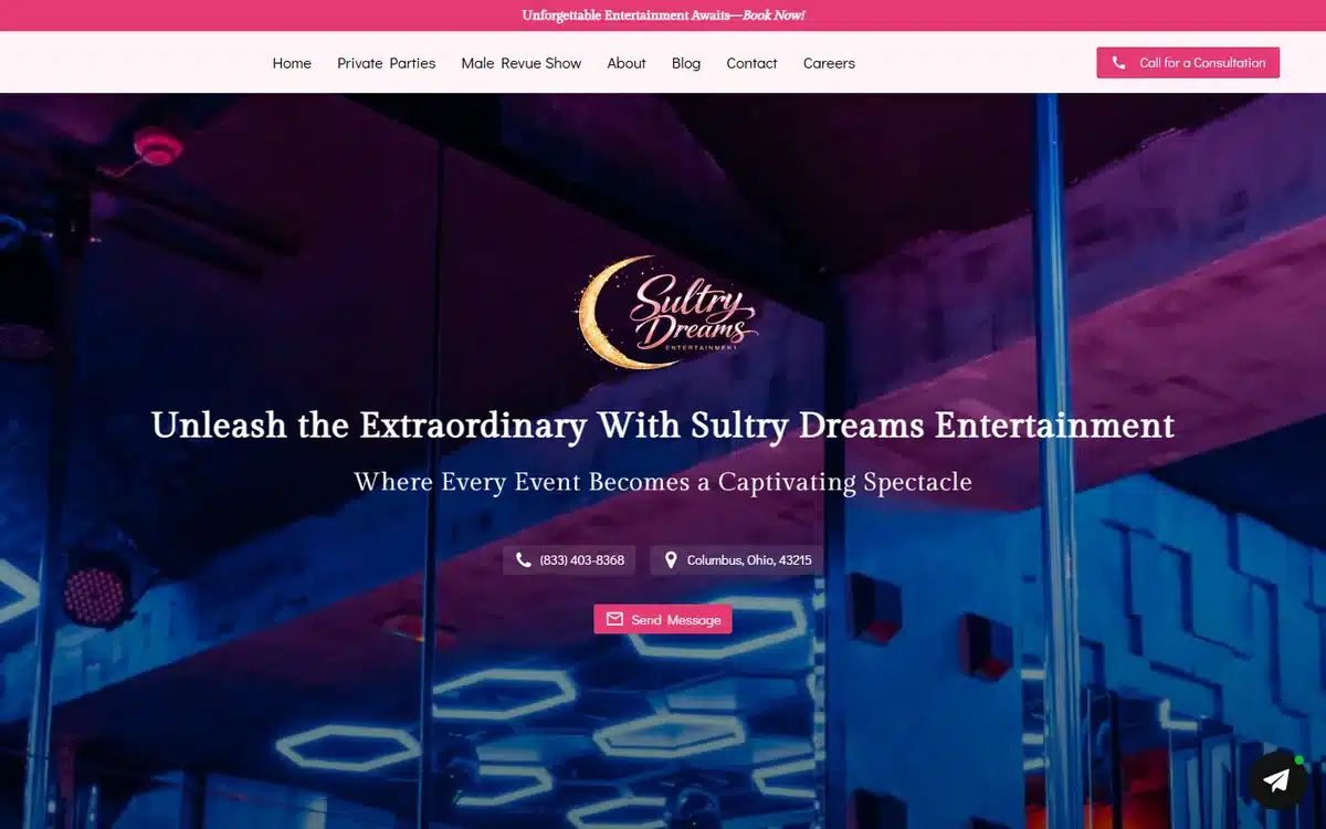 Sultry Dreams Entertainment website with a vibrant pink-and-blue neon nightlife hero