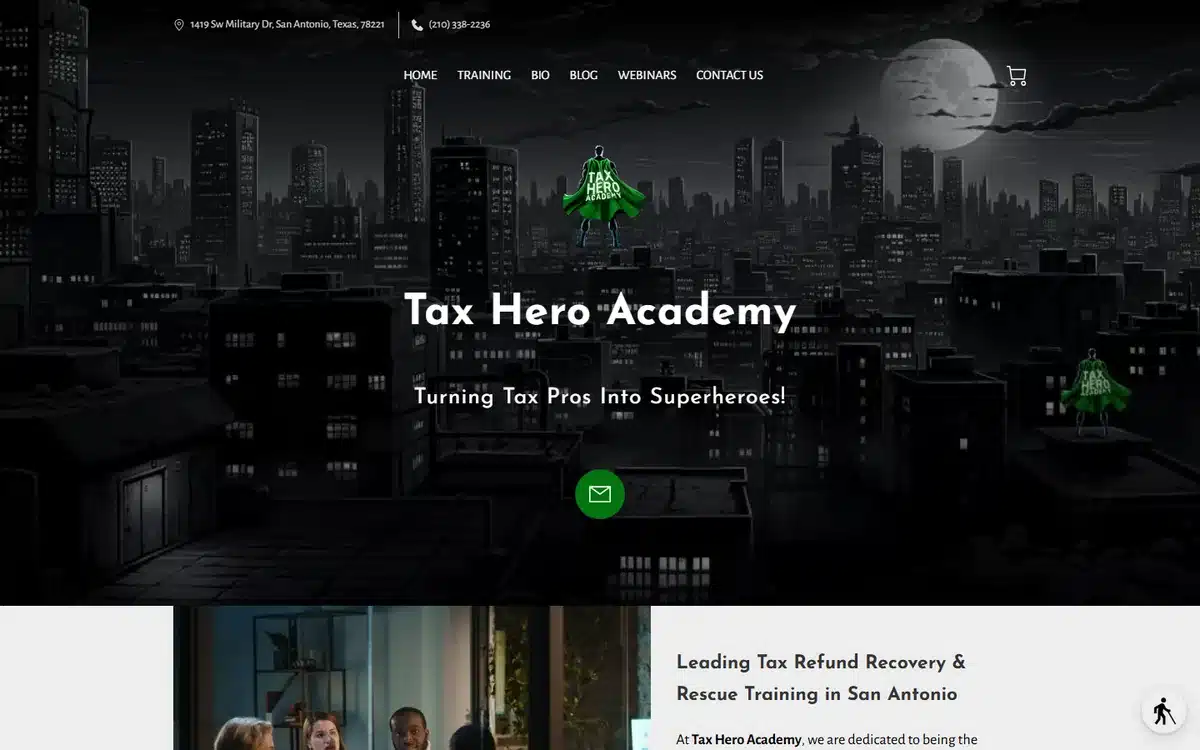 Tax Hero Academy accounting training website with a comic-Gotham night-skyline hero and a green superhero motif