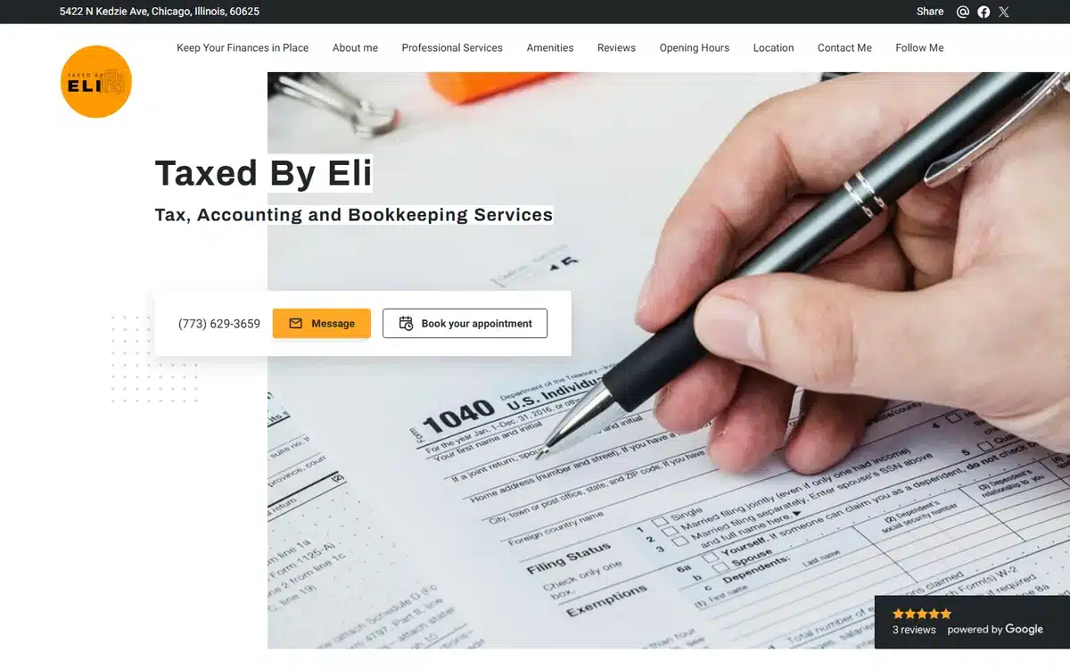 Taxed By Eli accounting website with an orange shield logo over a macro photo of a 1040 form being signed