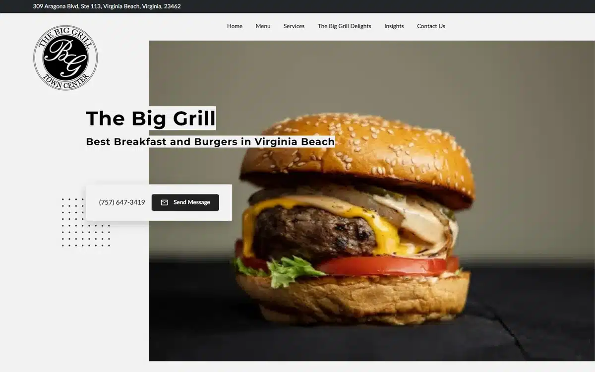 The Big Grill restaurant website with juicy burger hero photography