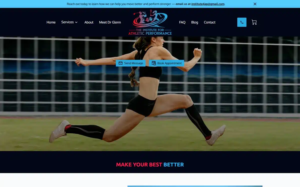 The Institute for Athletic Performance website with dynamic mid-leap athlete hero