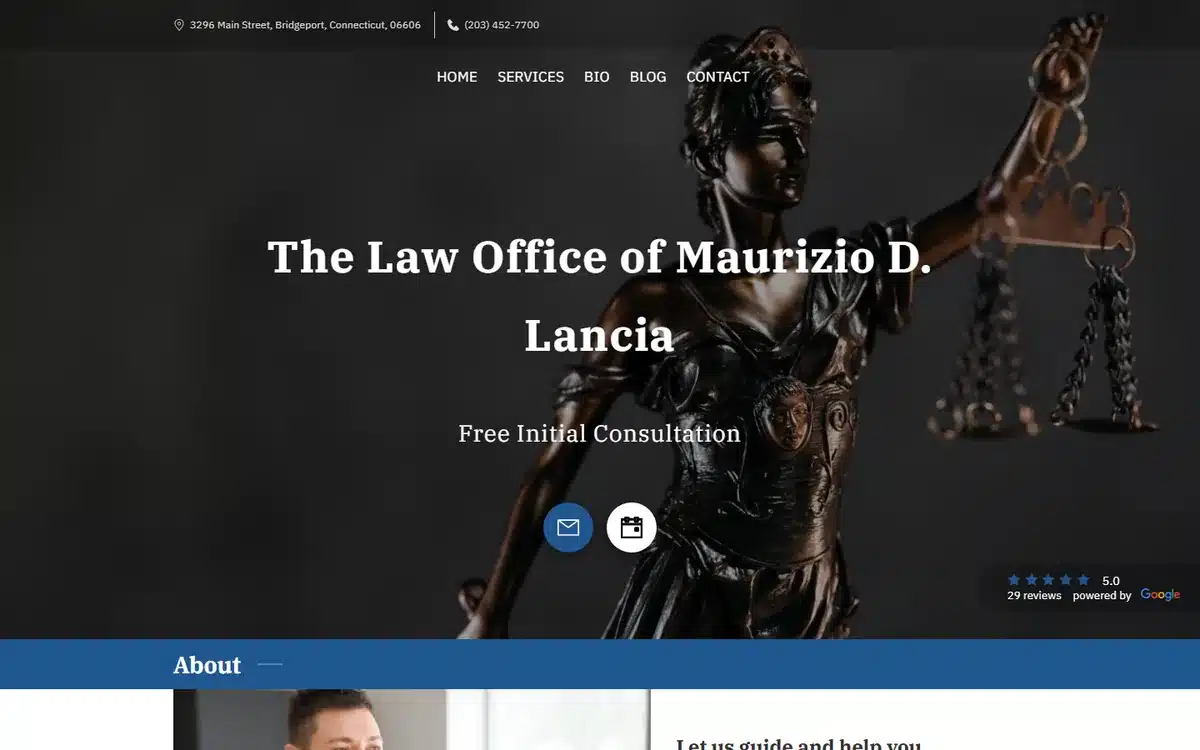 Law Office of Maurizio D Lancia website with dark dramatic Lady Justice statue hero