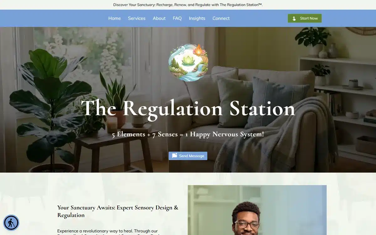 The Regulation Station website with biophilic-design office interior and sensory-regulation niche