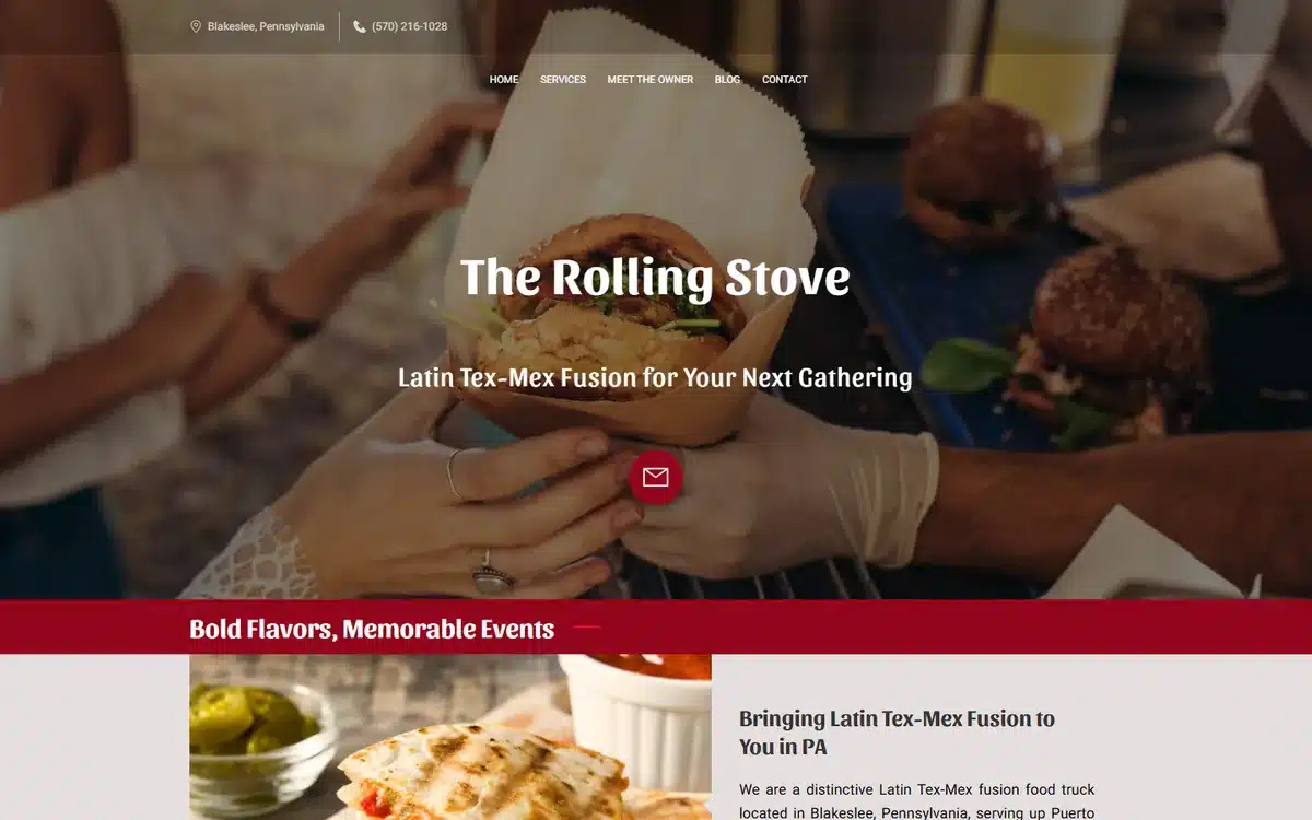 The Rolling Stove food truck website with hands sharing tacos lifestyle shot