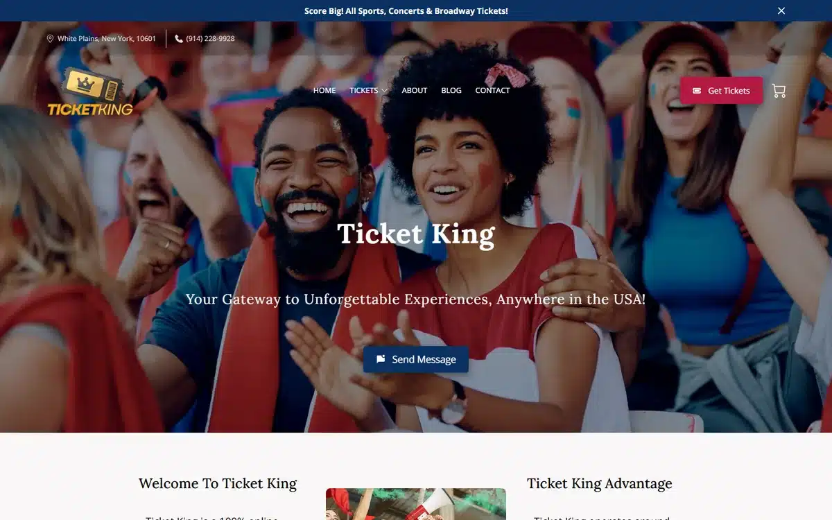 Ticket King event tickets website with a vibrant sports-crowd hero