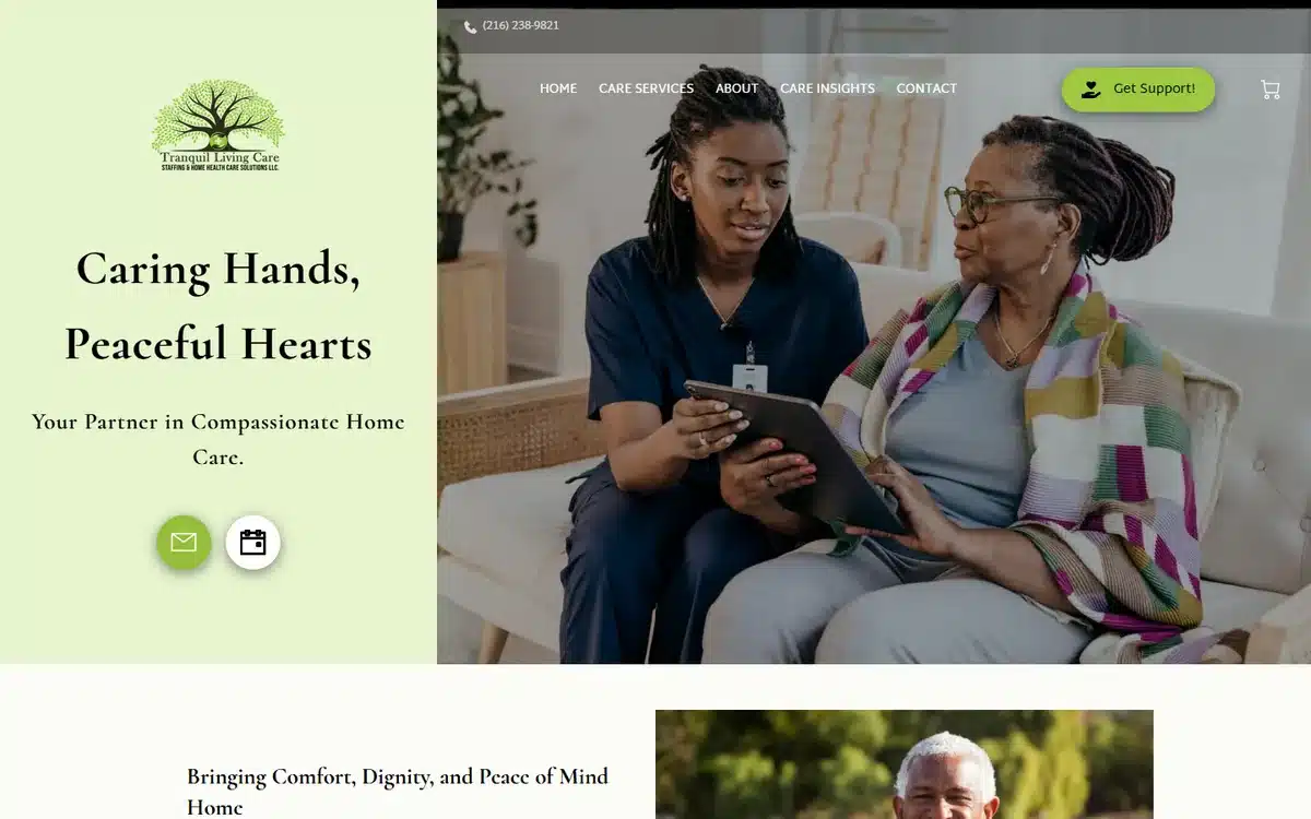 Tranquil Living Care website with authentic nurse-reading-with-patient moment