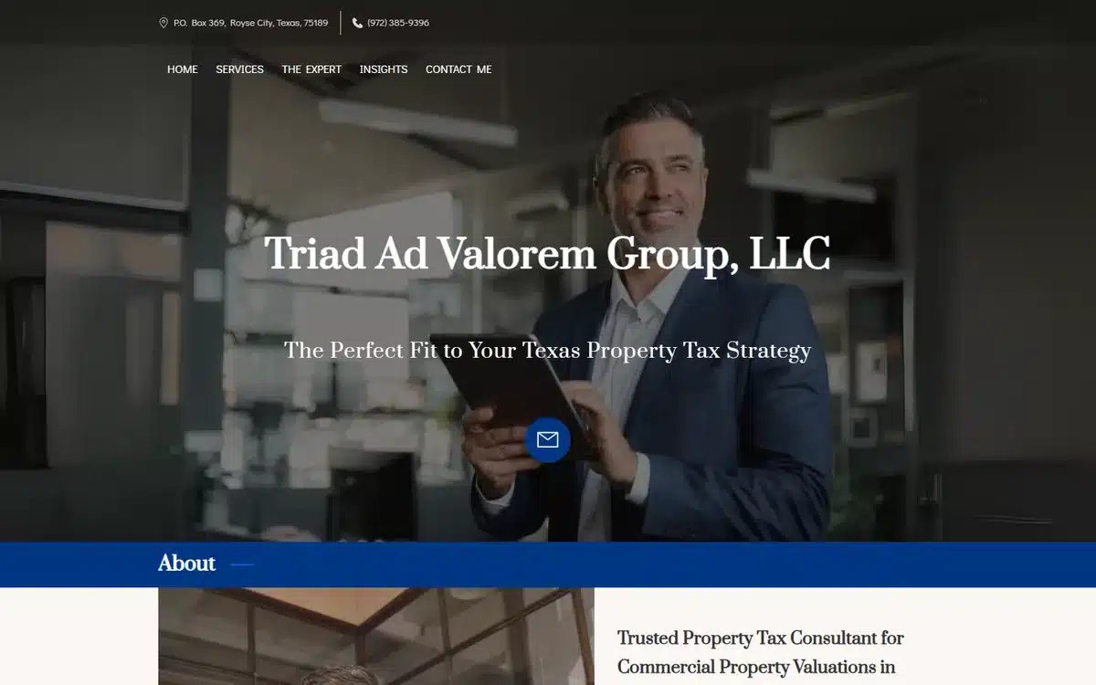 Triad Ad Valorem Group accounting website with a navy boardroom hero and a smiling consultant portrait