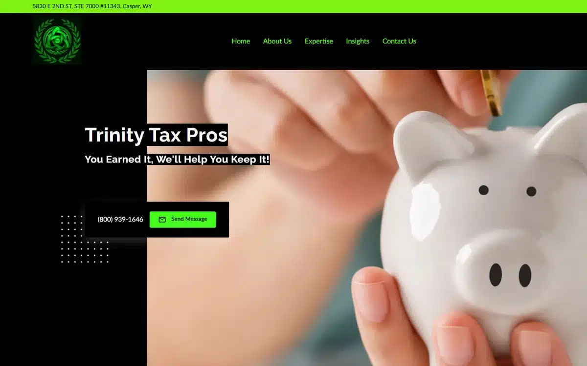 Trinity Tax Pros accounting website with neon-green on black and a hand dropping a coin into a pink piggy bank