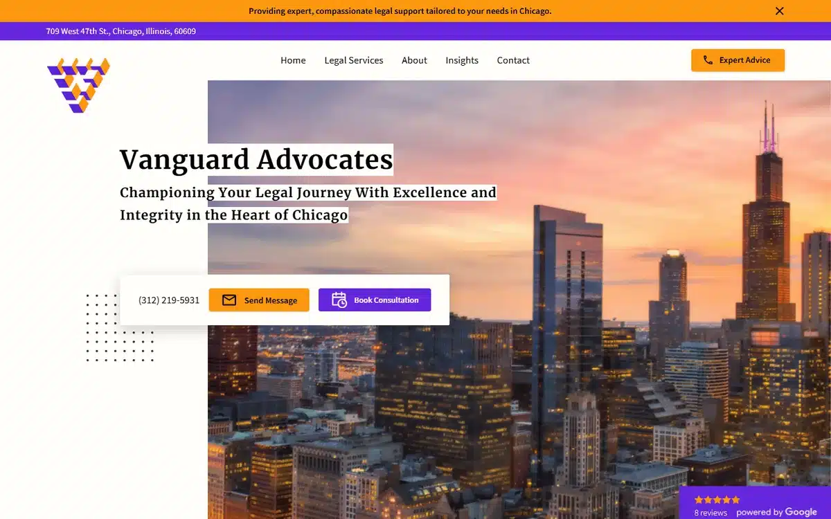 Vanguard Advocates website with Chicago skyline sunset and modern violet CTAs