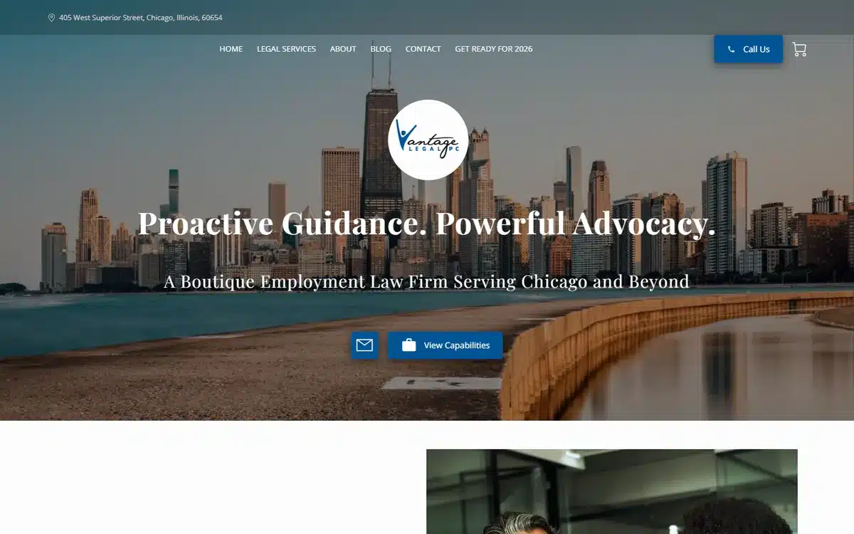 Vantage Legal Solutions website with Chicago skyline and circular brand mark