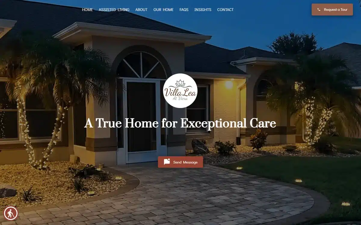 Villa Lea at Viera assisted living website with twilight residential-home exterior