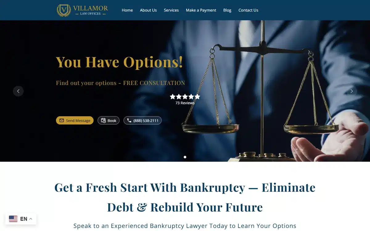 Villamor Law Offices website with attorney holding scales hero and navy gold palette