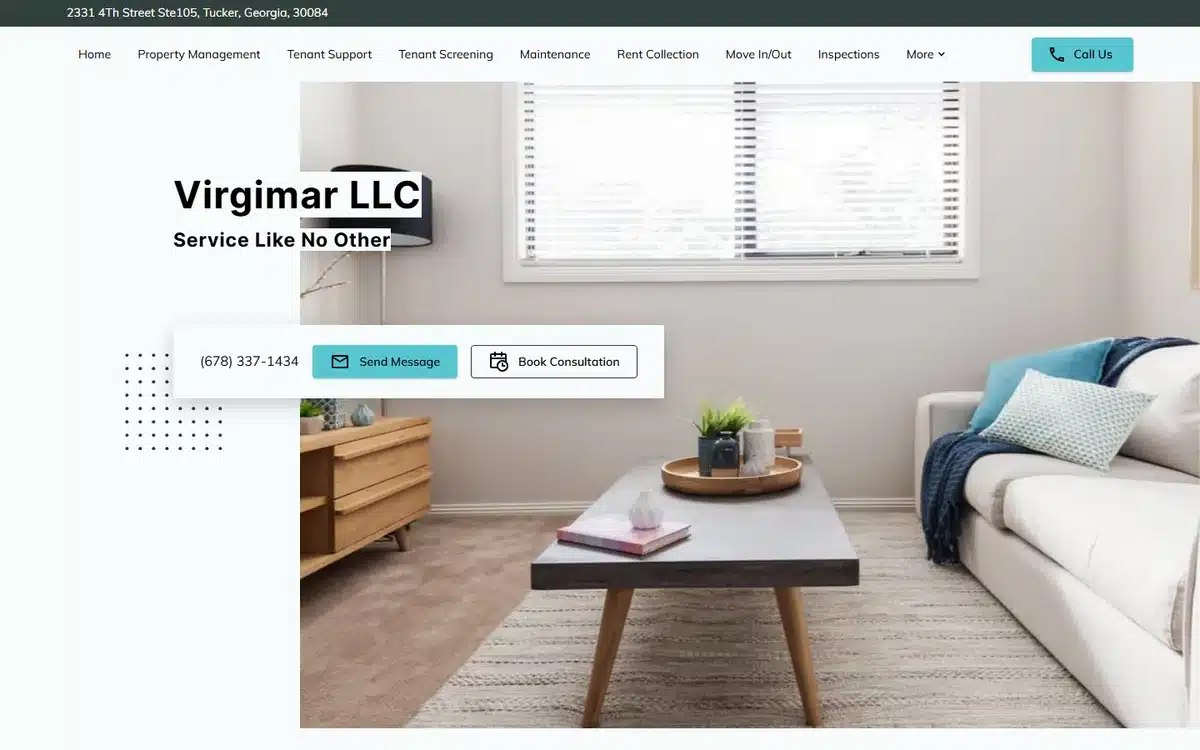Virgimar property management website with warm living-room hero and comprehensive PM service nav