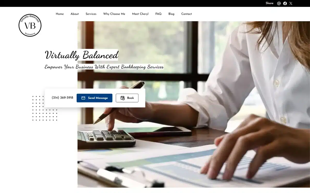 Virtually Balanced bookkeeping website with a cream and navy editorial palette and a calculator-on-desk lifestyle hero