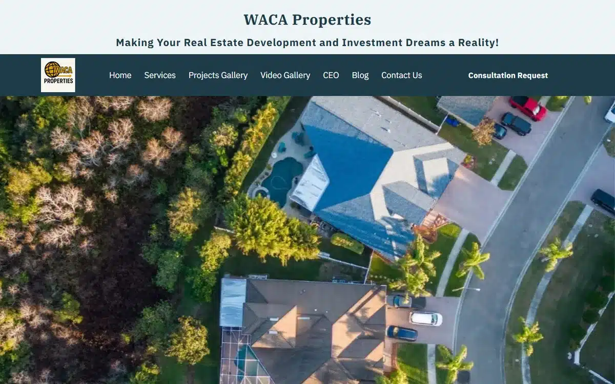 WACA Properties real estate website with aerial drone shot of a pool home