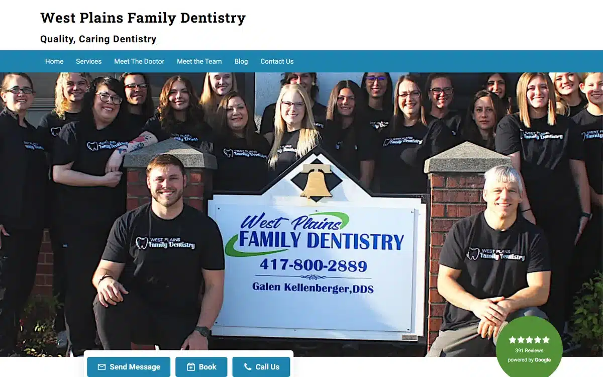 West Plains Family Dentistry website with real team in front of signage, small-town authentic