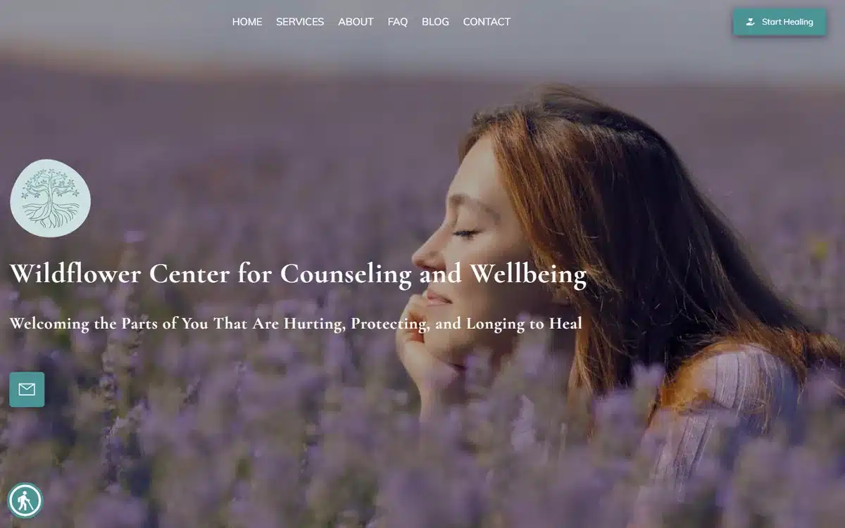 Wildflower Center counselling website with woman in lavender field and empathetic tagline
