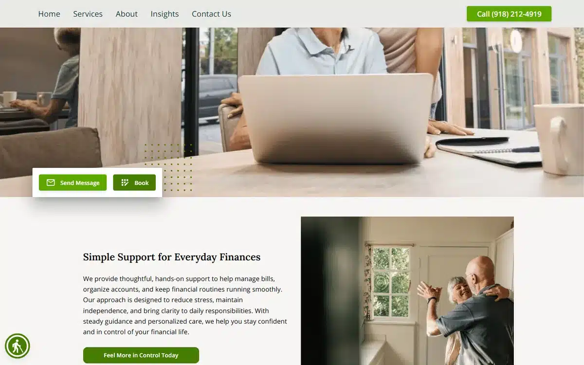 Winleaf Bookkeeping accounting website with a two-up hero pairing a laptop scene with an elderly couple and the headline Simple Support for Everyday Finances