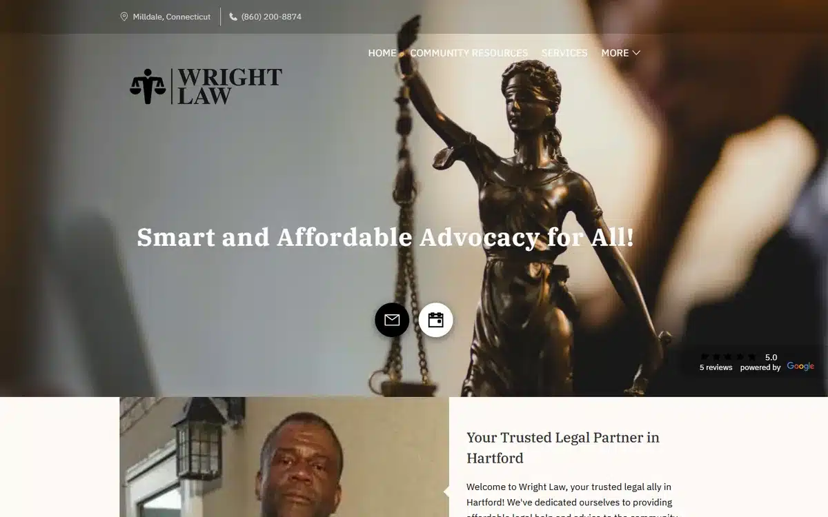 Wright Law website with bronze Lady Justice statue hero and shield logo