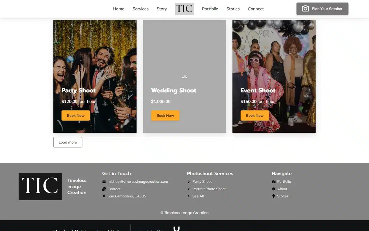 Timeless Image Creation event photography website homepage