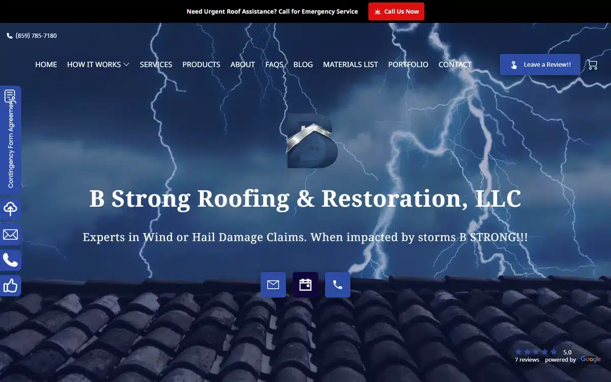 B Strong Roofing and Restoration website design homepage