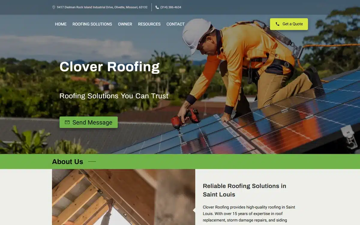 Clover Roofing and Solar website design homepage